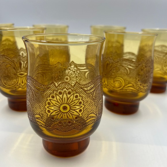 Vintage Amber Libbey Americana Lace Embossed Glass Etched Tumblers 7 Pieces MCM - Picture 9 of 10